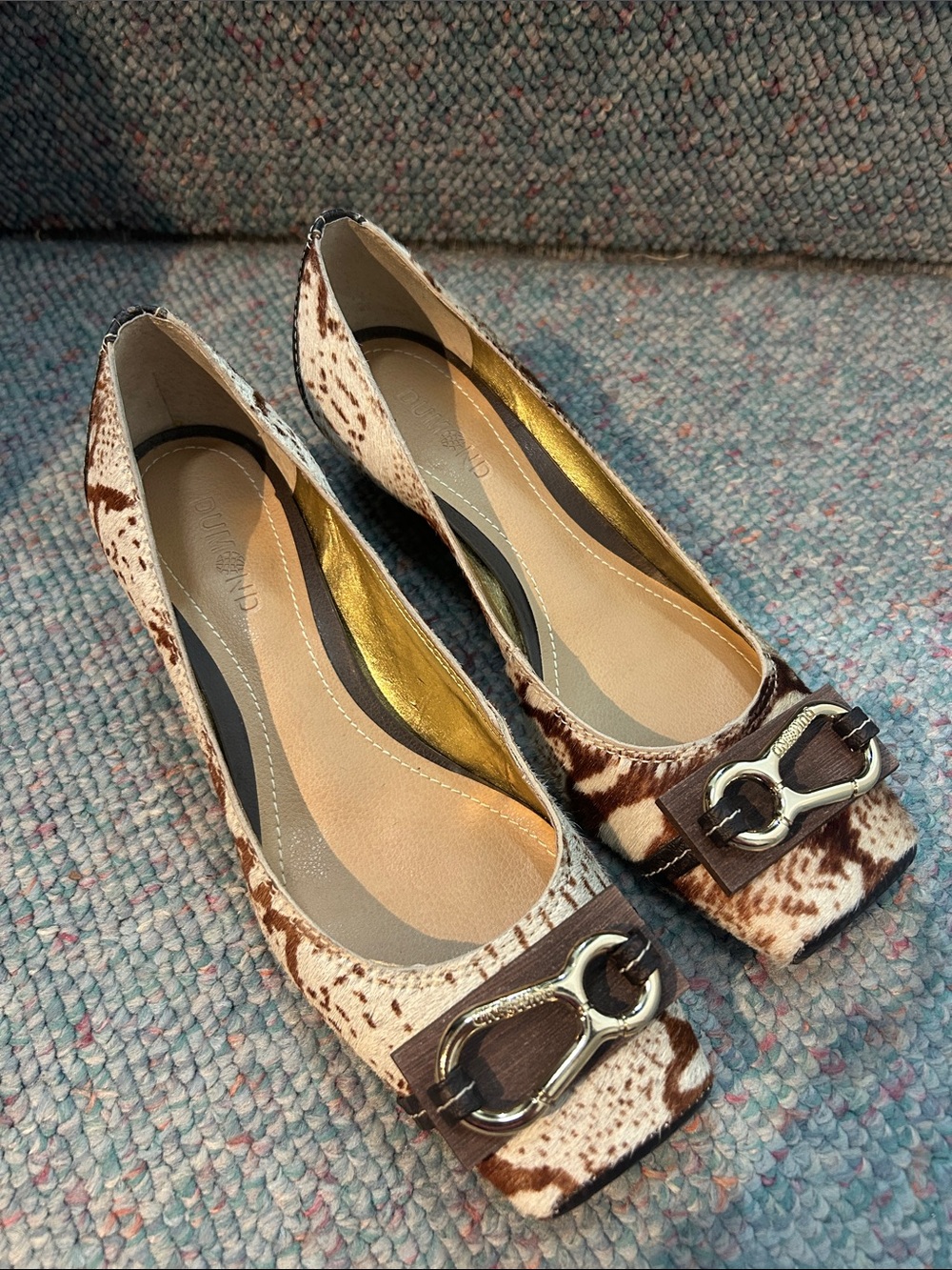 Women’s Brown and Cream Cowhide Print Square-Toe Flats with Horsebit Accent
